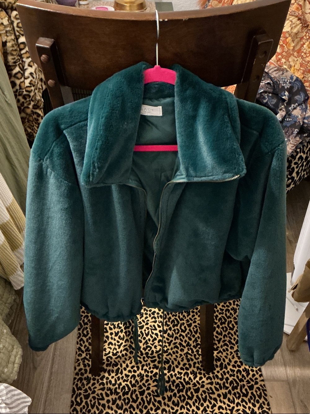 Sage Deep Green Teddy Zip-Up Jacket